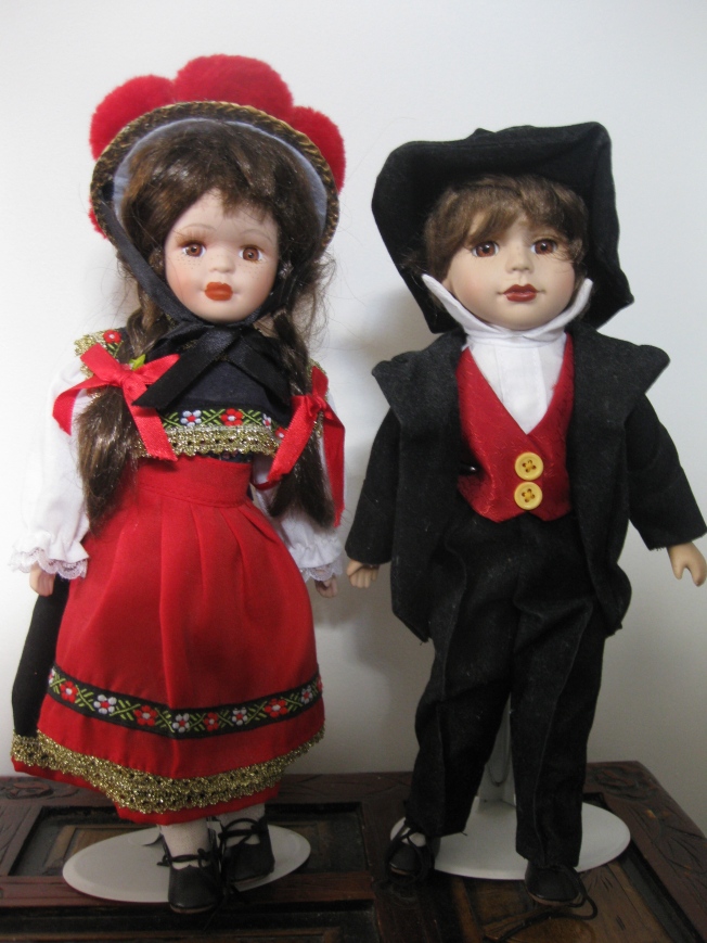 My Nanna Rosie had a huge doll collection and left them to her granddaughters in her will. These are the two I chose. They’re small and strange but almost look like brother and sister, or sister and sister if you note the lipstick on the doll in the suit.